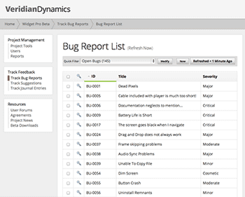Bug Reports List Screenshot